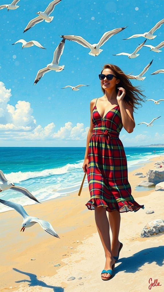 Vibrant Beach Scene in Pointillist Style