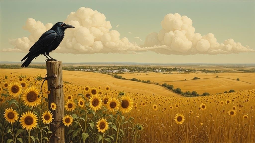 Raven Observes Rural Landscape in Bierstadt Style