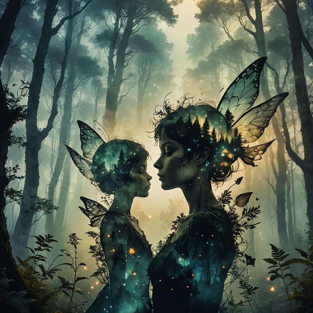 Pixie Silhouette Double Exposure with Forest and Nebulae