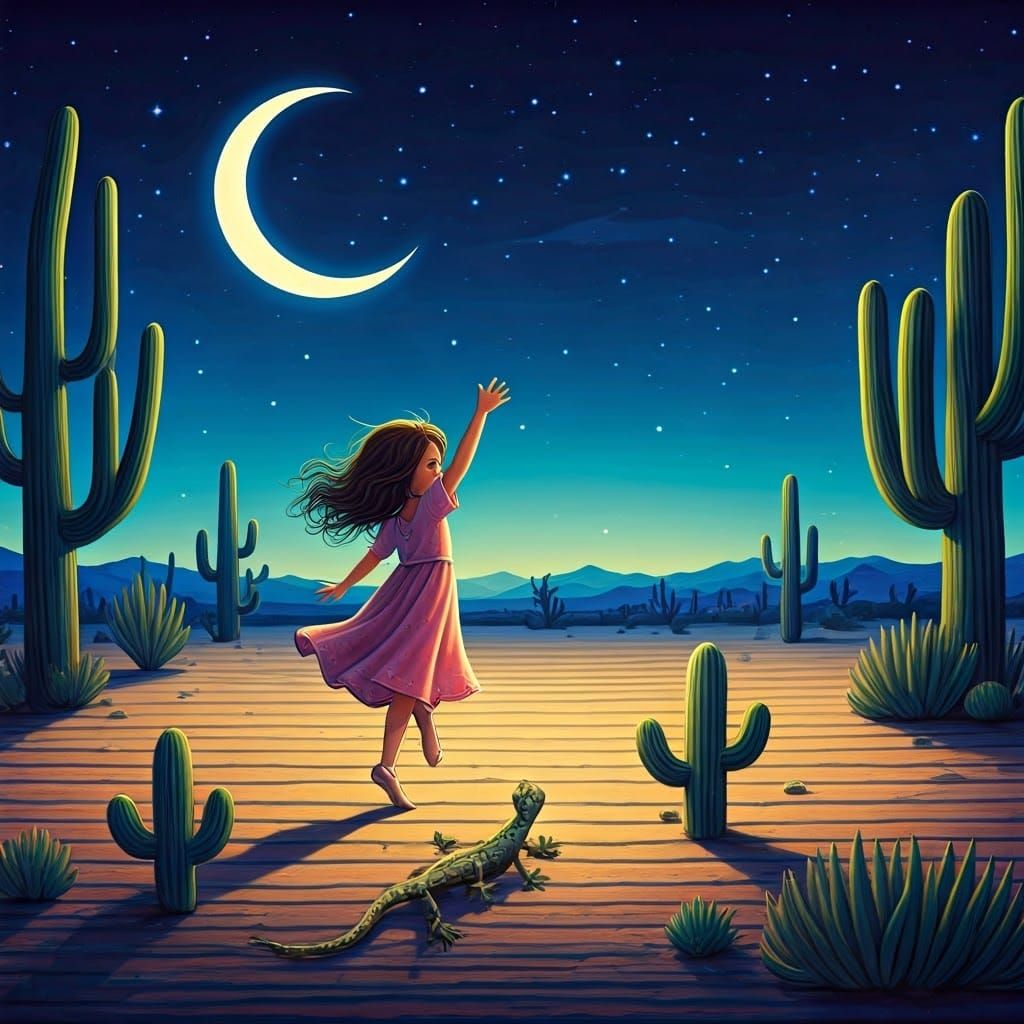 Girl and Gecko Dance in Desert Folk Art