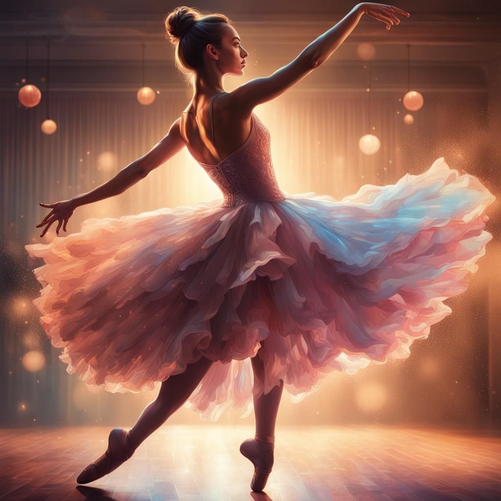 Ballerina Dancing with Dramatic Lighting in Ballroom