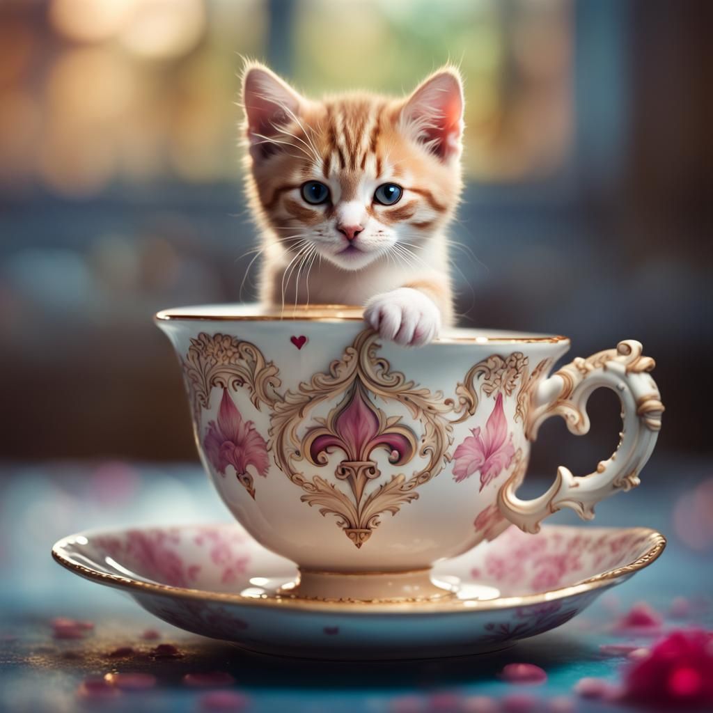 Cute Kitten in a fleur de lis teacup