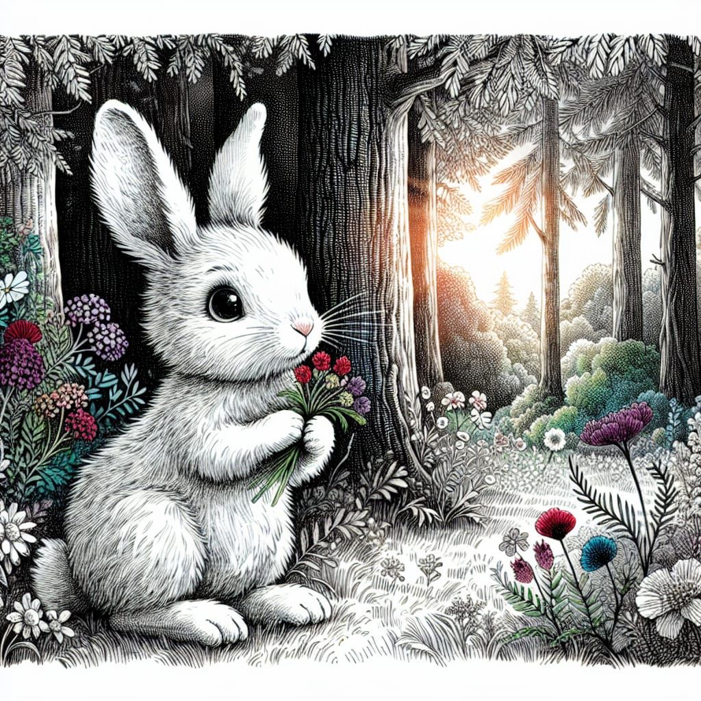 Cute Rabbit with Flowers, Vintage Illustration