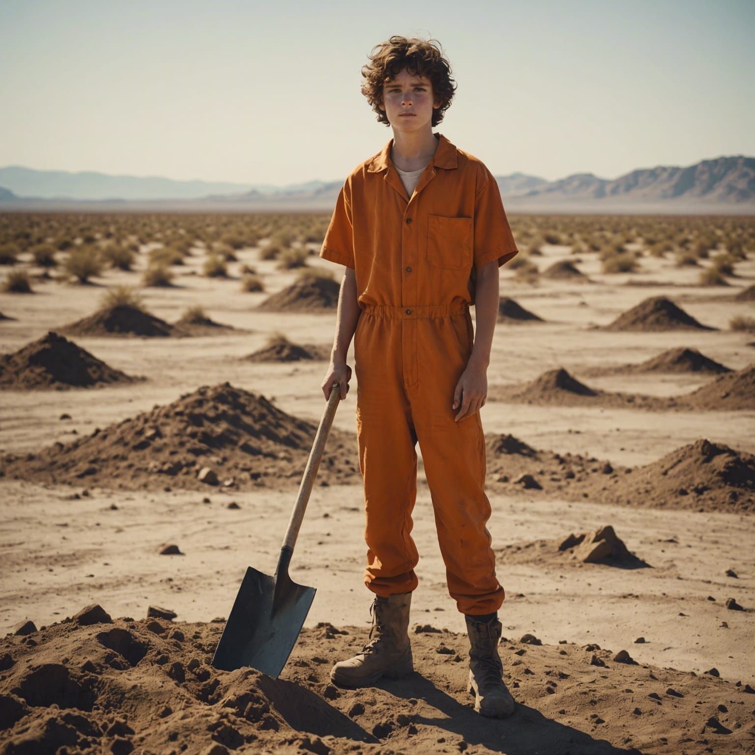 a tall 15 yr old boy standing the the middle of a barren desert wasteland
wearing an orange jumpsuit and holding a shove...