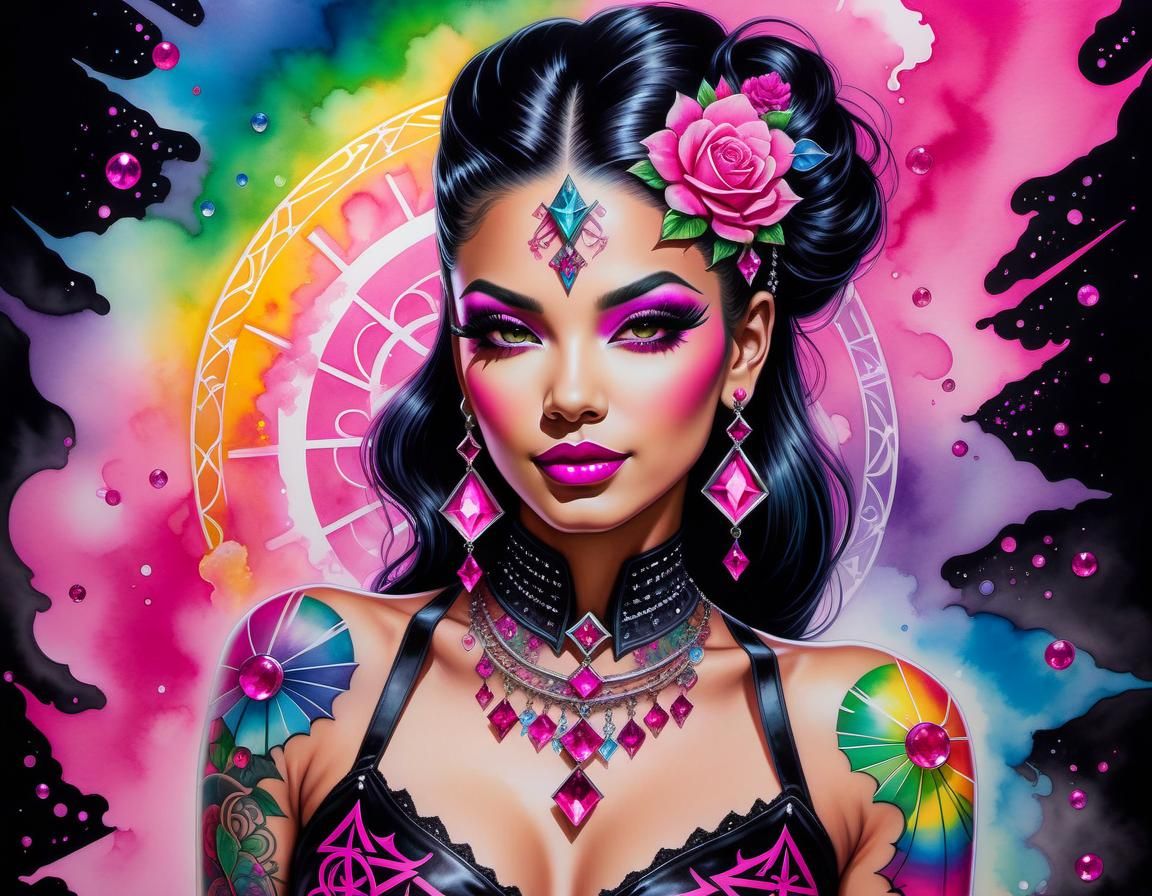 Vibrant Pink Gothic Pinup in Watercolour