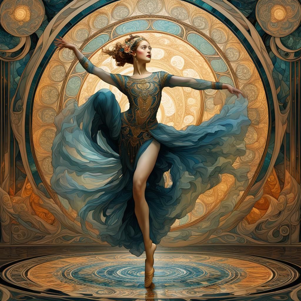 Dancer in Art Nouveau Style with Fractal Curves