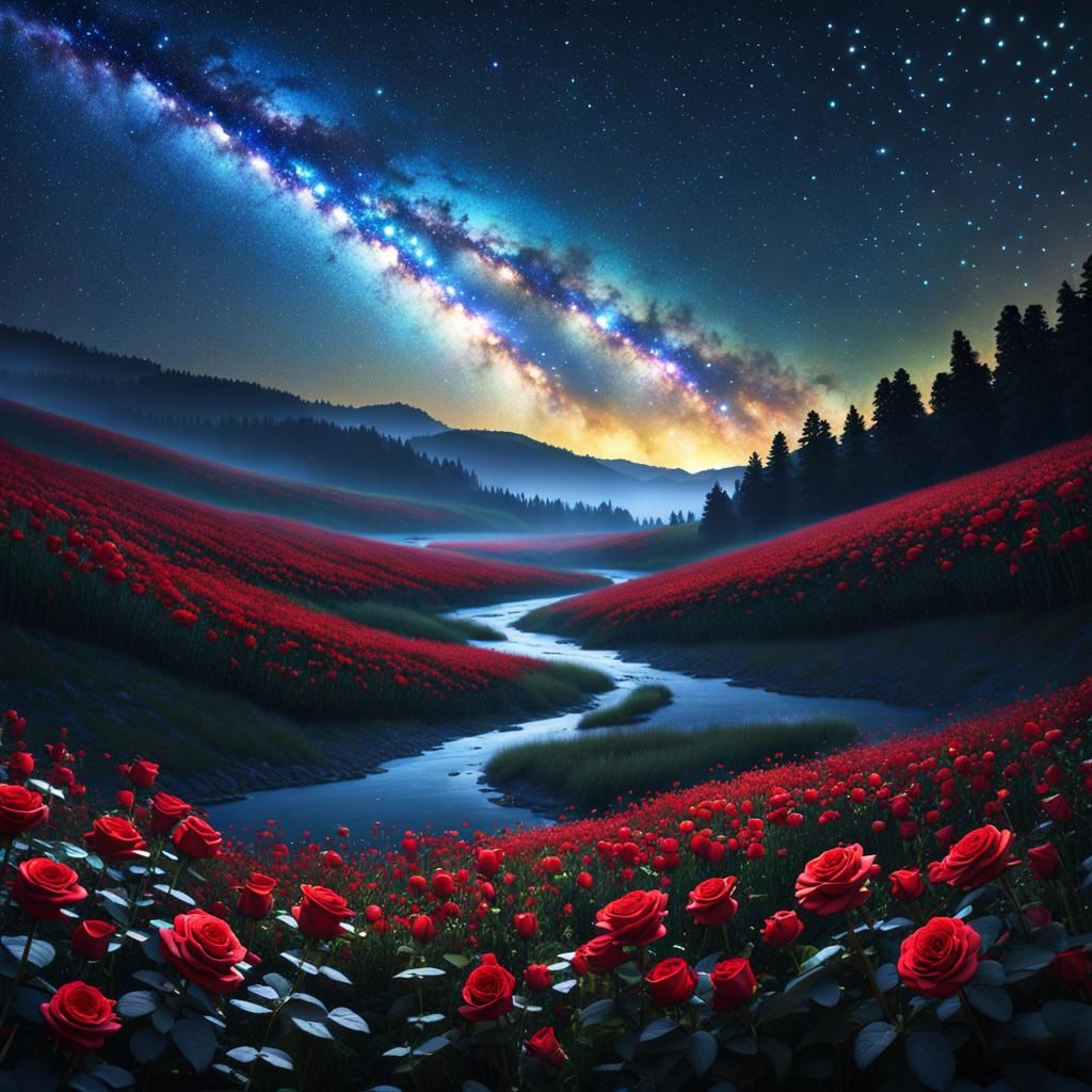 Fantasy Rose Field Under Starry Sky