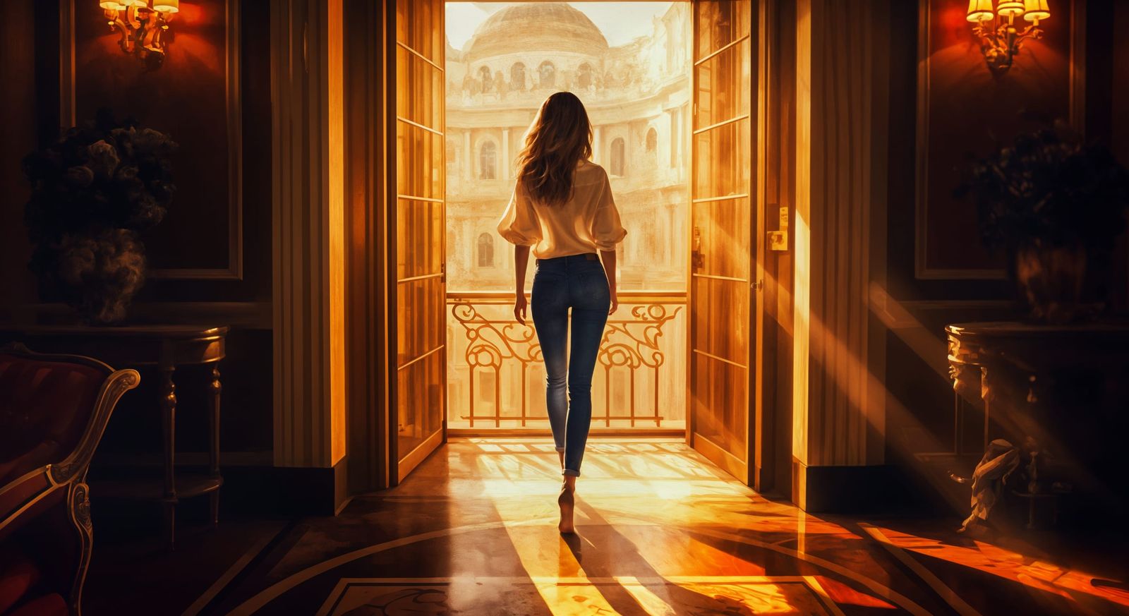 Elegant Woman Steps into a Breathtaking Elevator Scene in Go...