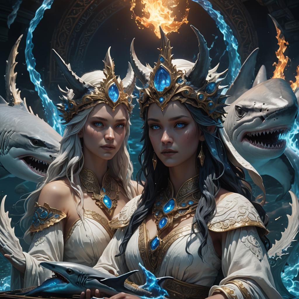 Twin Goddesses with Dragon Shark in Dark Fantasy Art