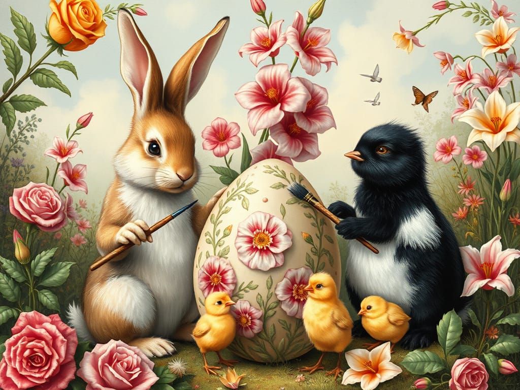 Whimsical Easter Scene with Bunnies Painting Eggs