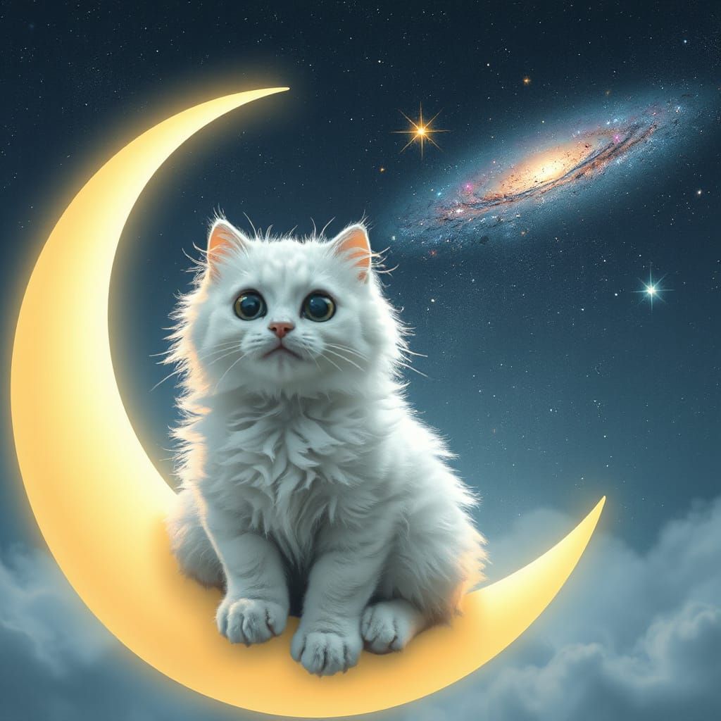 Fluffy Cat on Moon Gazing at Sparkling Galaxy