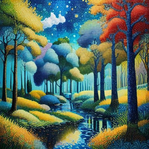 <lora:ColorfulPointi15:1.0> Forest with oak trees