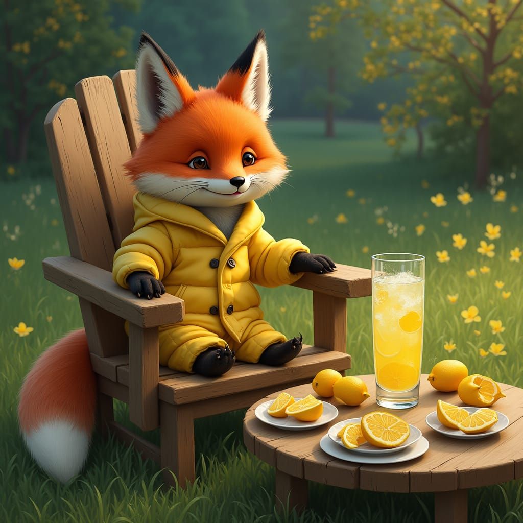 Fox Enjoying Lemonade, Hyperrealistic Digital Art