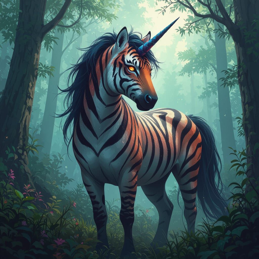 Mystical Unicorn-Tiger Hybrid in Futuristic Forest