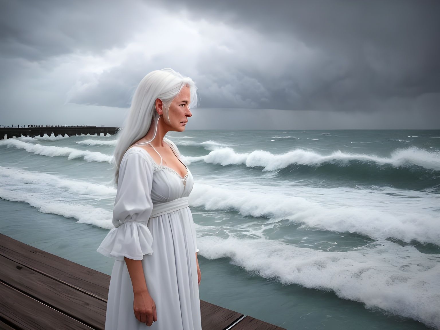Woman Waiting at Stormy Pier