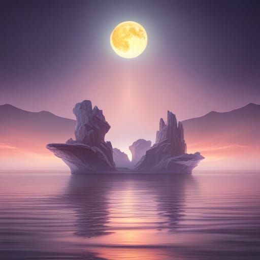 Eclipsed Moon Reflected on Dark Sea: Detailed Matte Painting