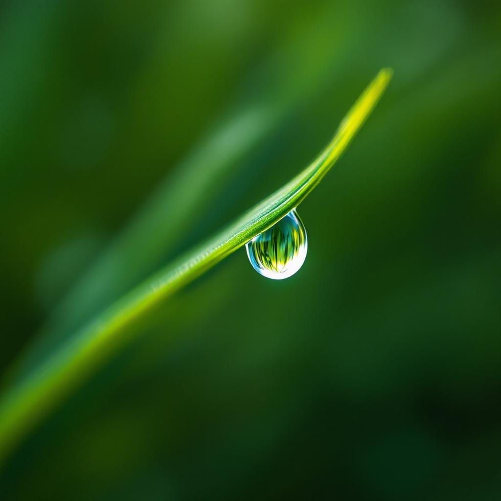 Macro Raindrop on Grass Blade, Photorealistic Style