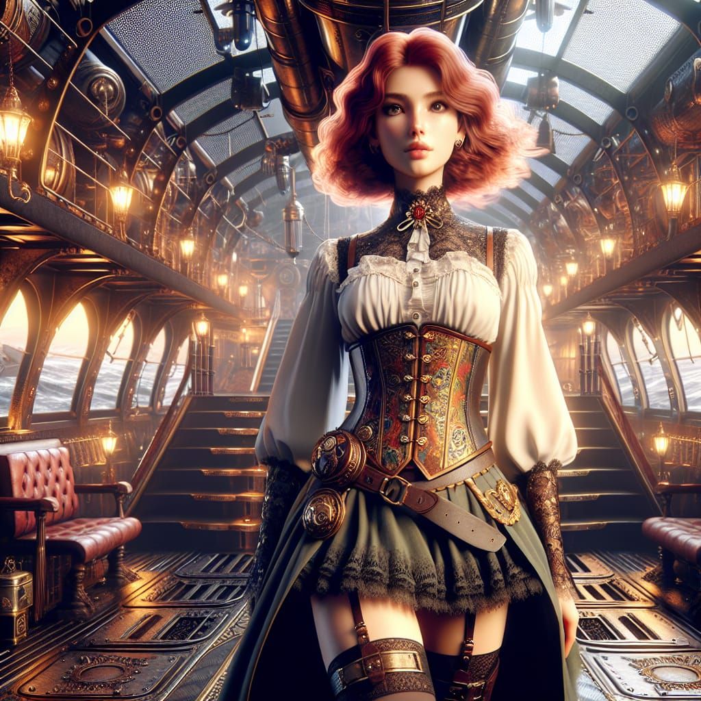 Steampunk Woman on Flying Ship in Digital Illustration