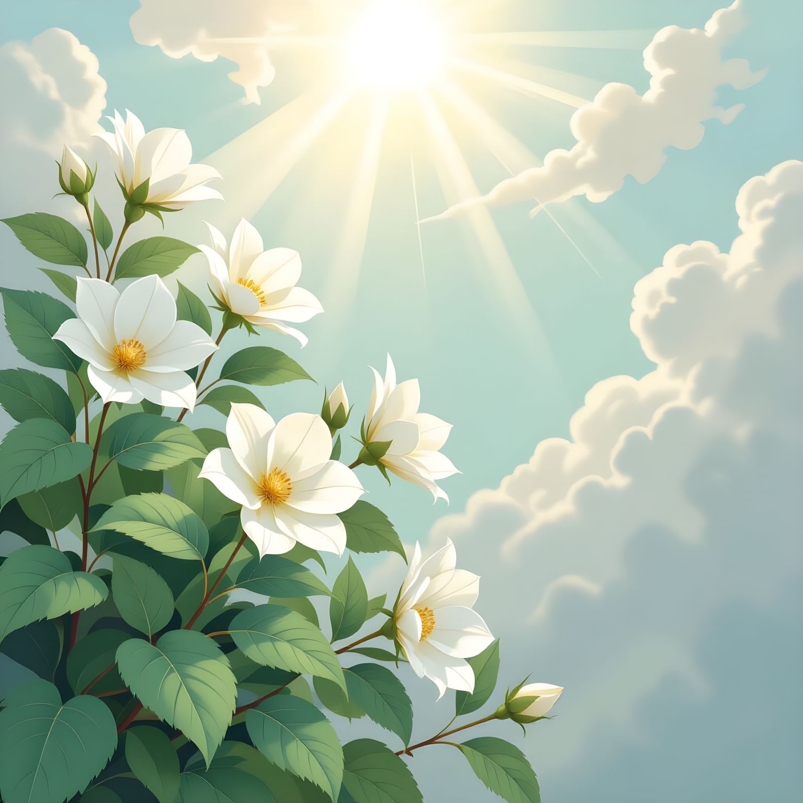 Watercolor Drawing: White Flowers and Silver Leaves