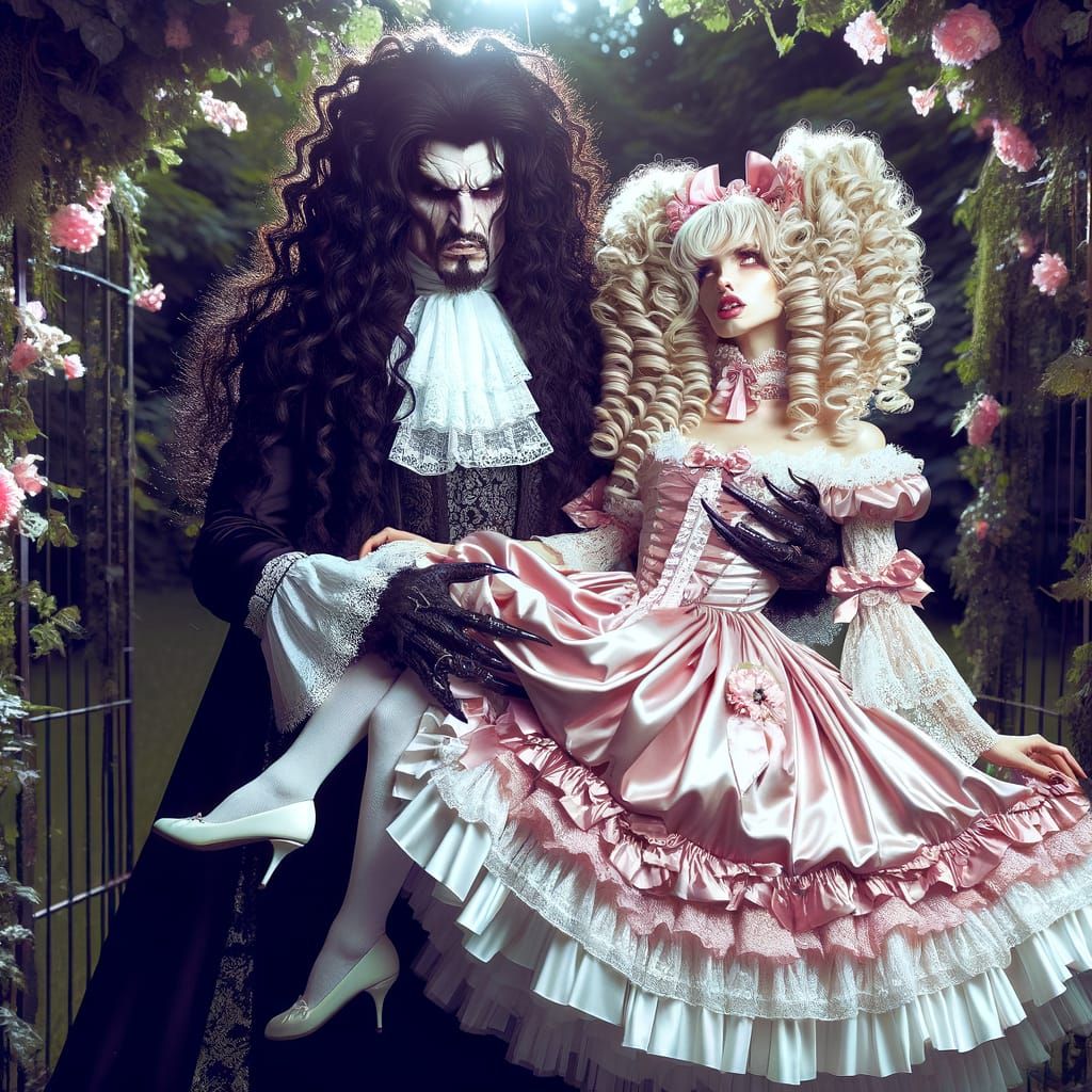 Vampire Embraces Maid in Opulent Garden