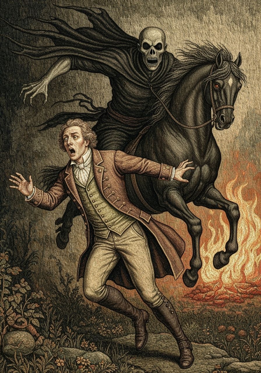 Gothic Horror: Man Flees Headless Horseman in Tapestry Style