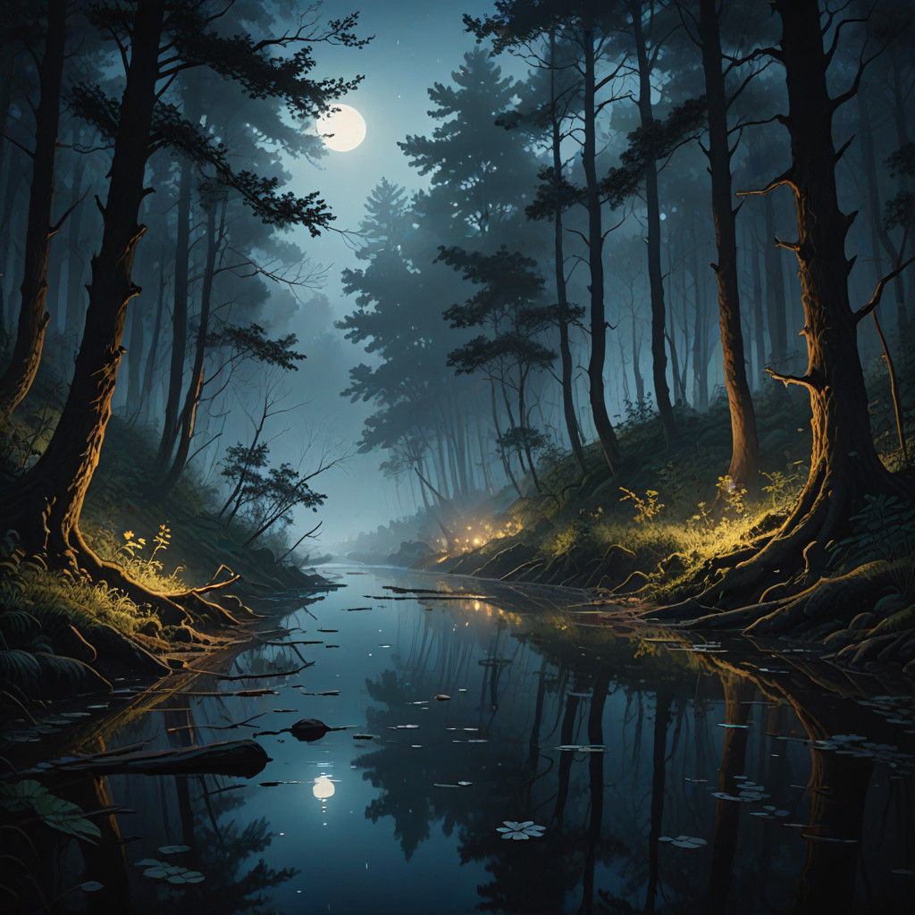 Mystical Forest River Under Thick Fog