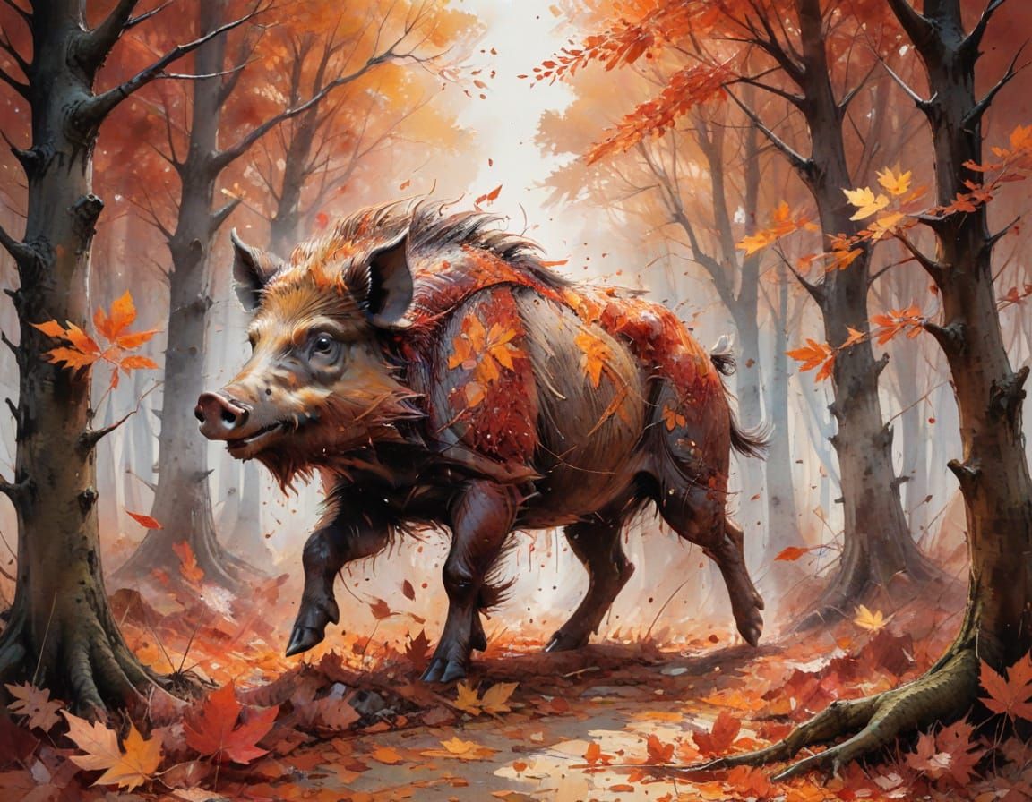 Wild Boar's Autumn Passage: A Digital Watercolor Dreamscape