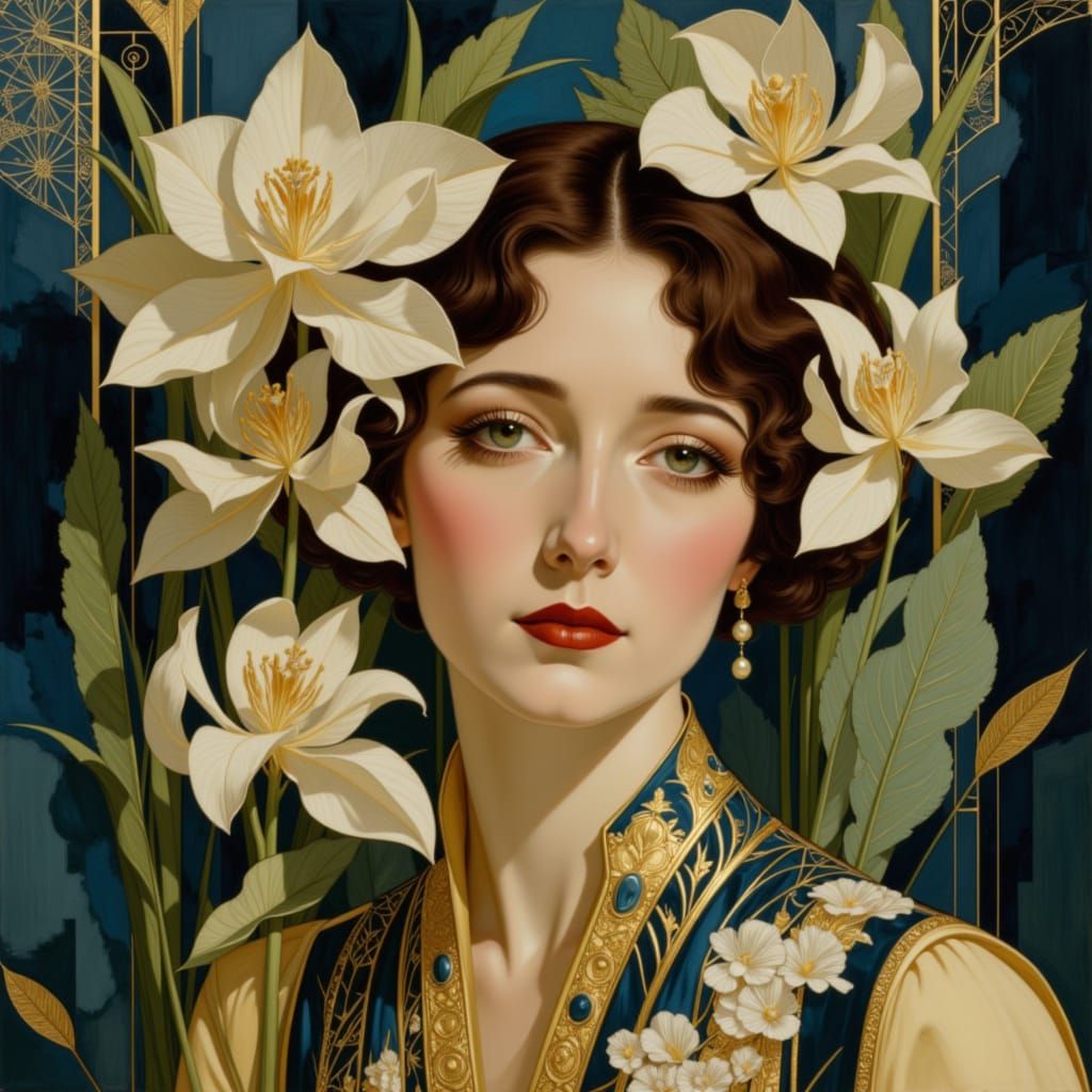 Art Deco Woman Portrait with Orchids, Intricate Fantasy Pain...