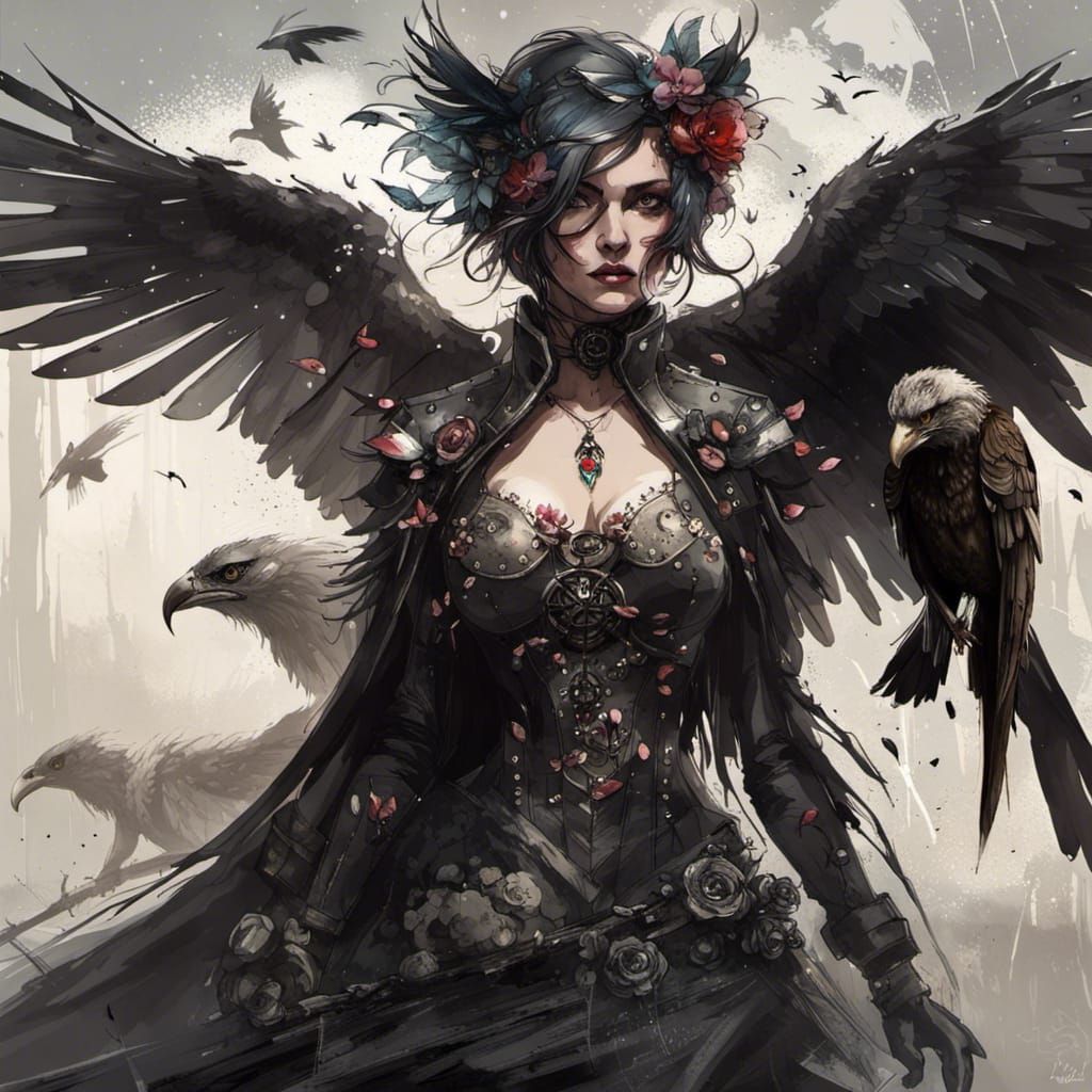 Cat-Woman with Crow Wings in Clockpunk Style