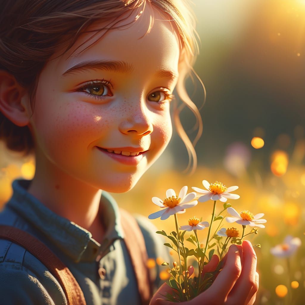 Kind Human Holding Wildflower in Whimsical Style