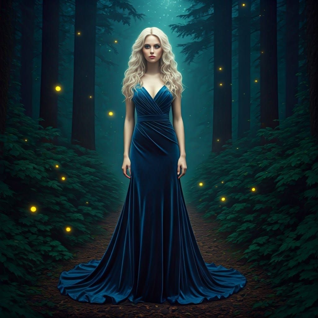 Blonde Woman in Velvet Gown Under Starry Sky