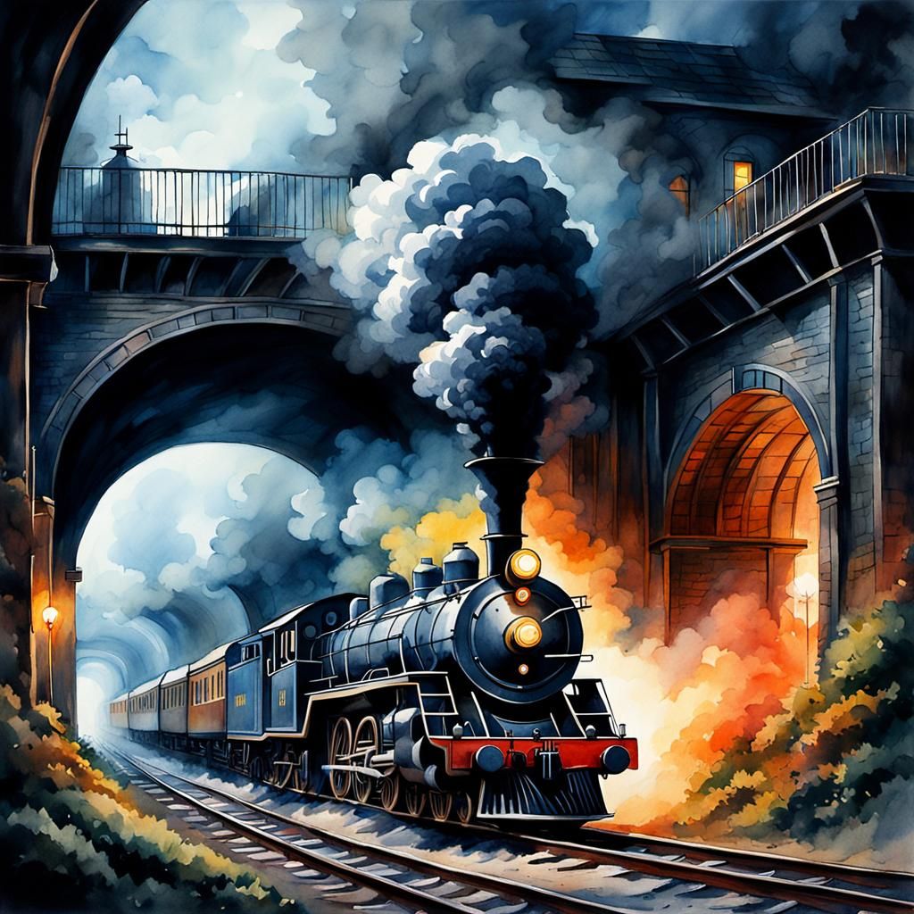 Steam Train Emerges: Abstract Watercolor Digital Art