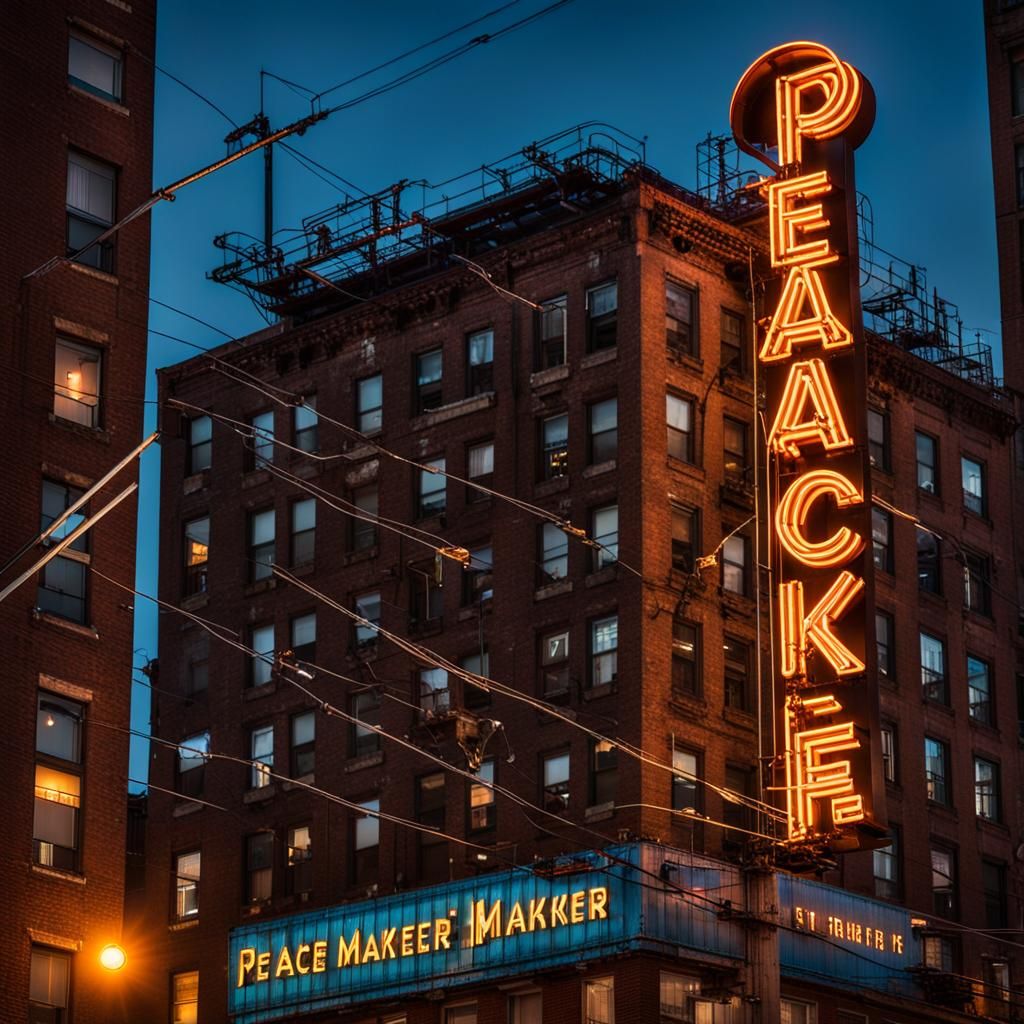 Glowing Neon Peace Sign Over New York Skyline