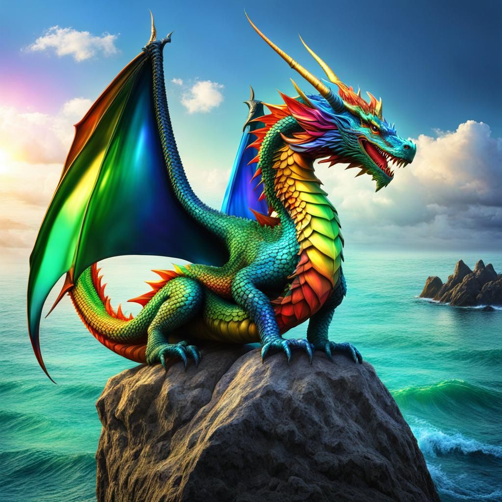 Rainbow Dragon on Boulder Overlooking Ocean