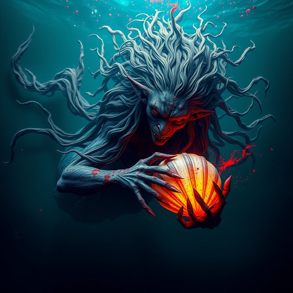 Dark Fantasy Mermaid Goblin in Bioluminescent Ocean