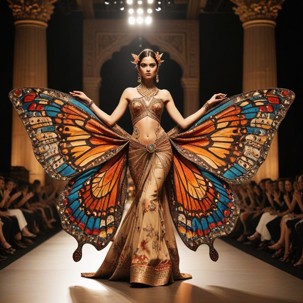 Surreal Indian Fashion Model with Butterfly Wings on the Run...