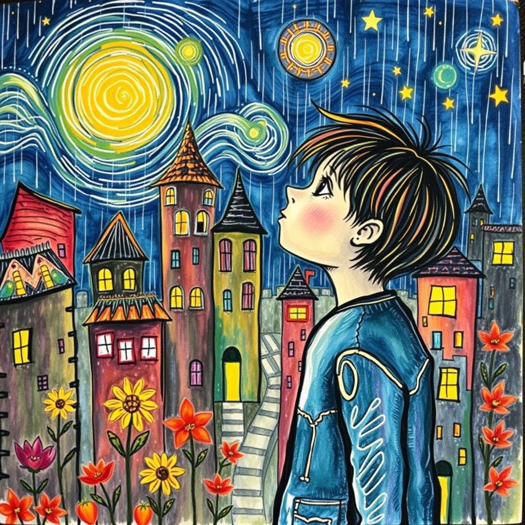 Child-like Crayon Cityscape with Dark Emotions