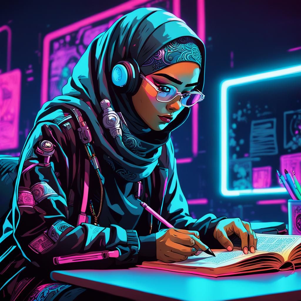 Punk Muslim Woman Reading in Cyberpunk Anime Style