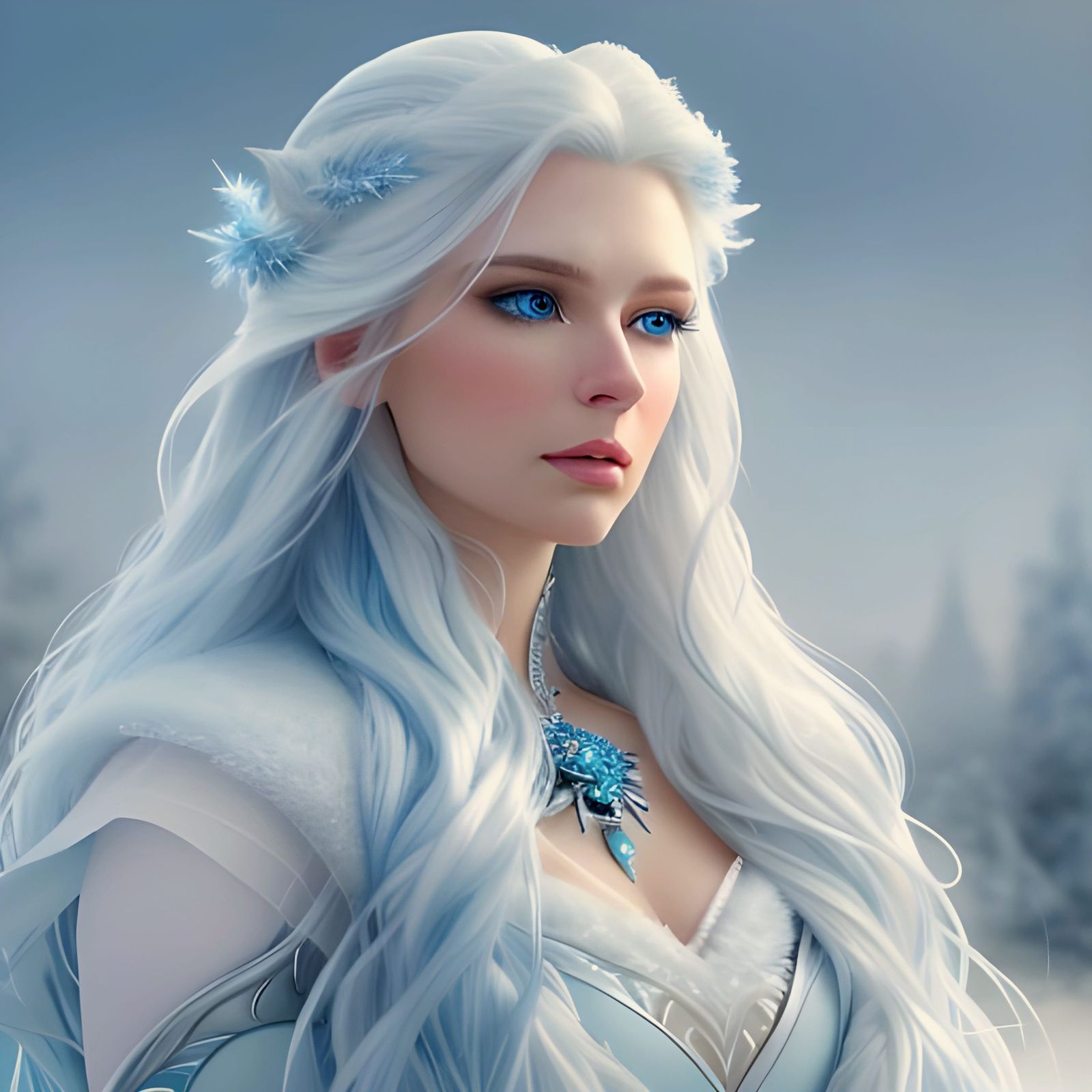 Ice Queen in Feather Coat with Blue Eyes
