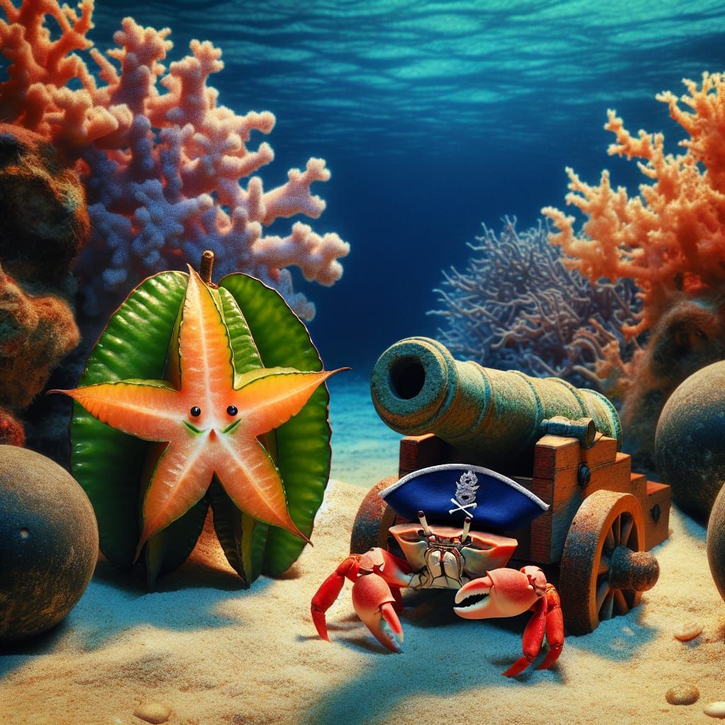 Quirky Underwater Scene with Starfruit and Sailor Crab