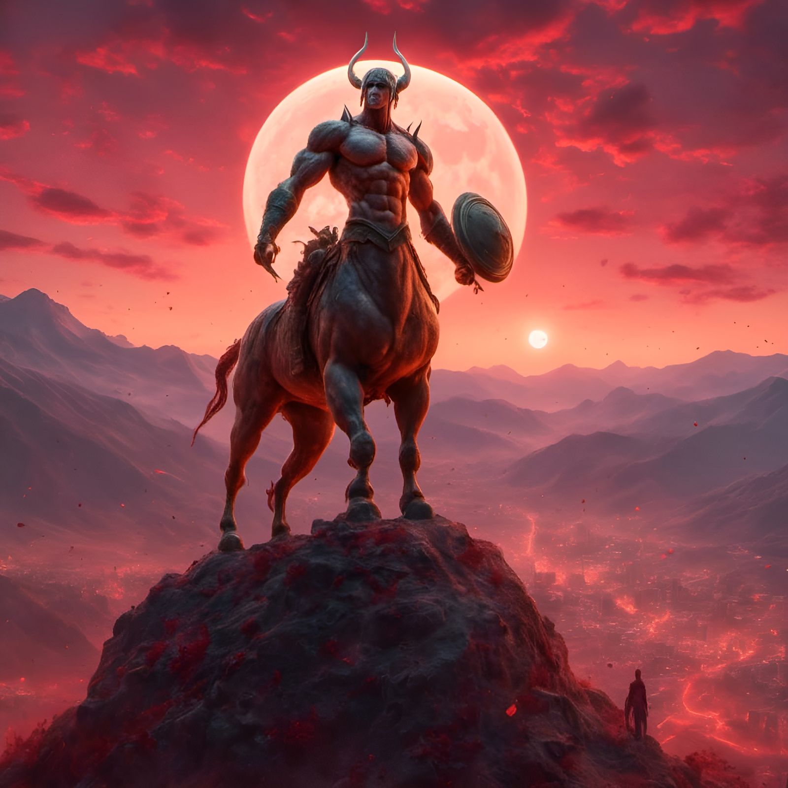 <lora:Centaur:1.2> Mythical centaur standing on hill, sunset...