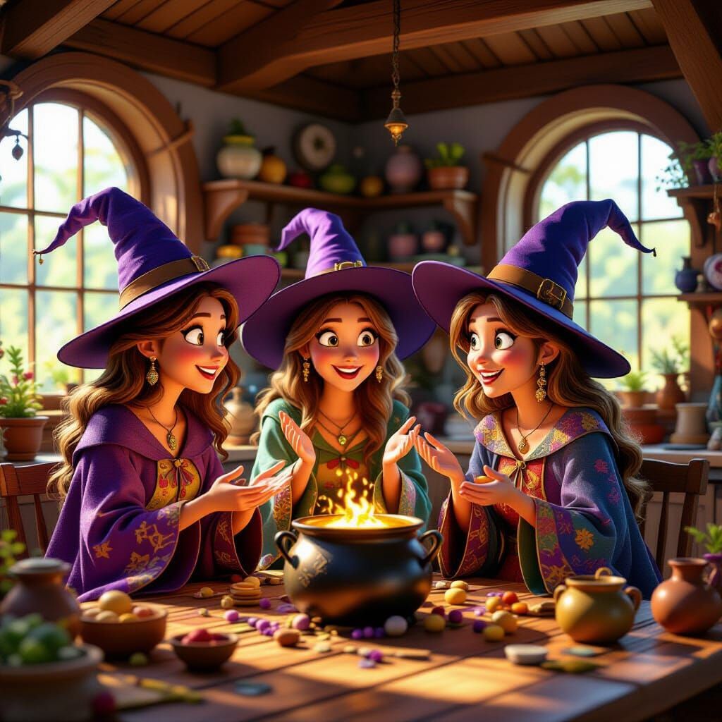 Friendly Witches Chatting in Sunlit Wooden Kitchen