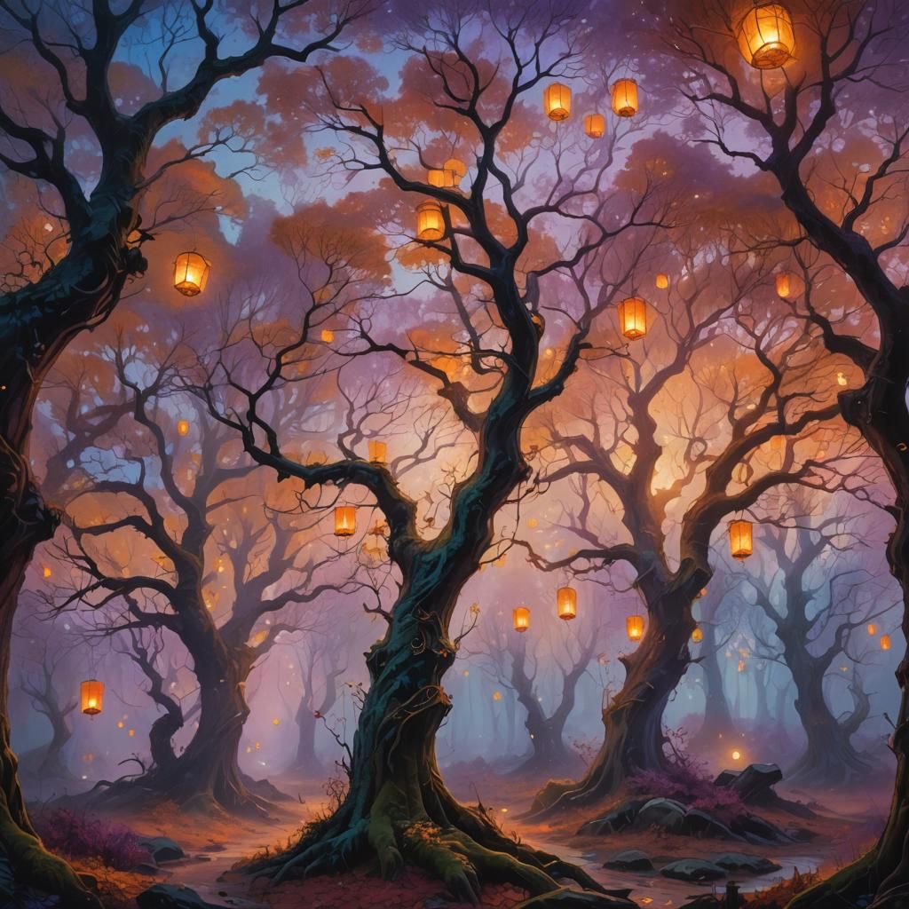 Mystical Forest Landscape as Vibrant Oil Painting