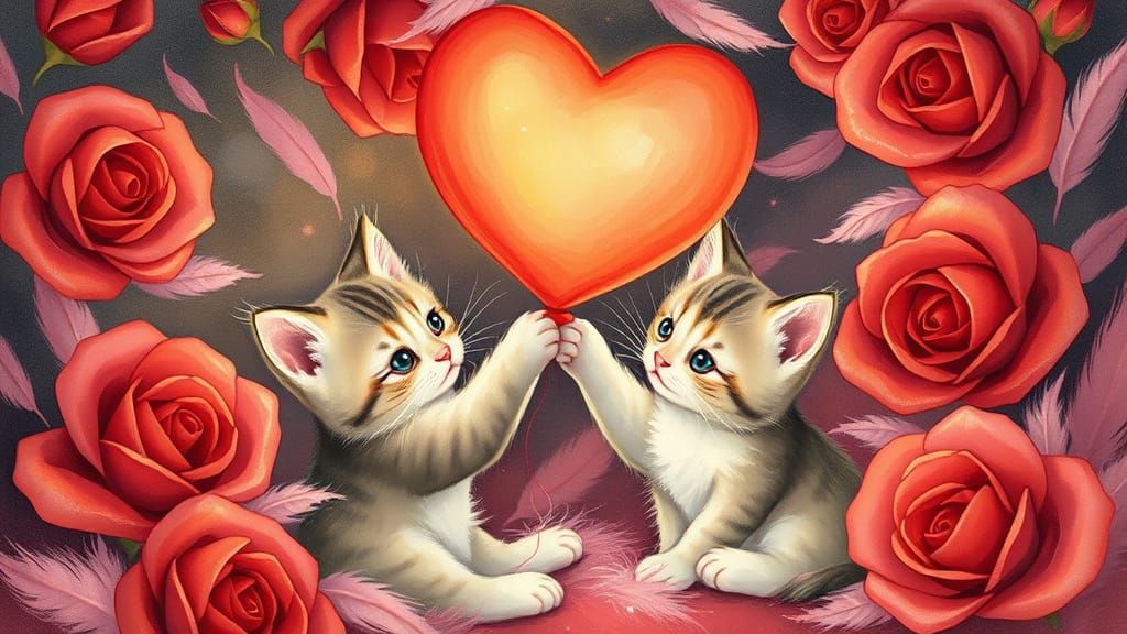 Whimsical Kittens Amidst Hearts and Roses in Vibrant Colors
