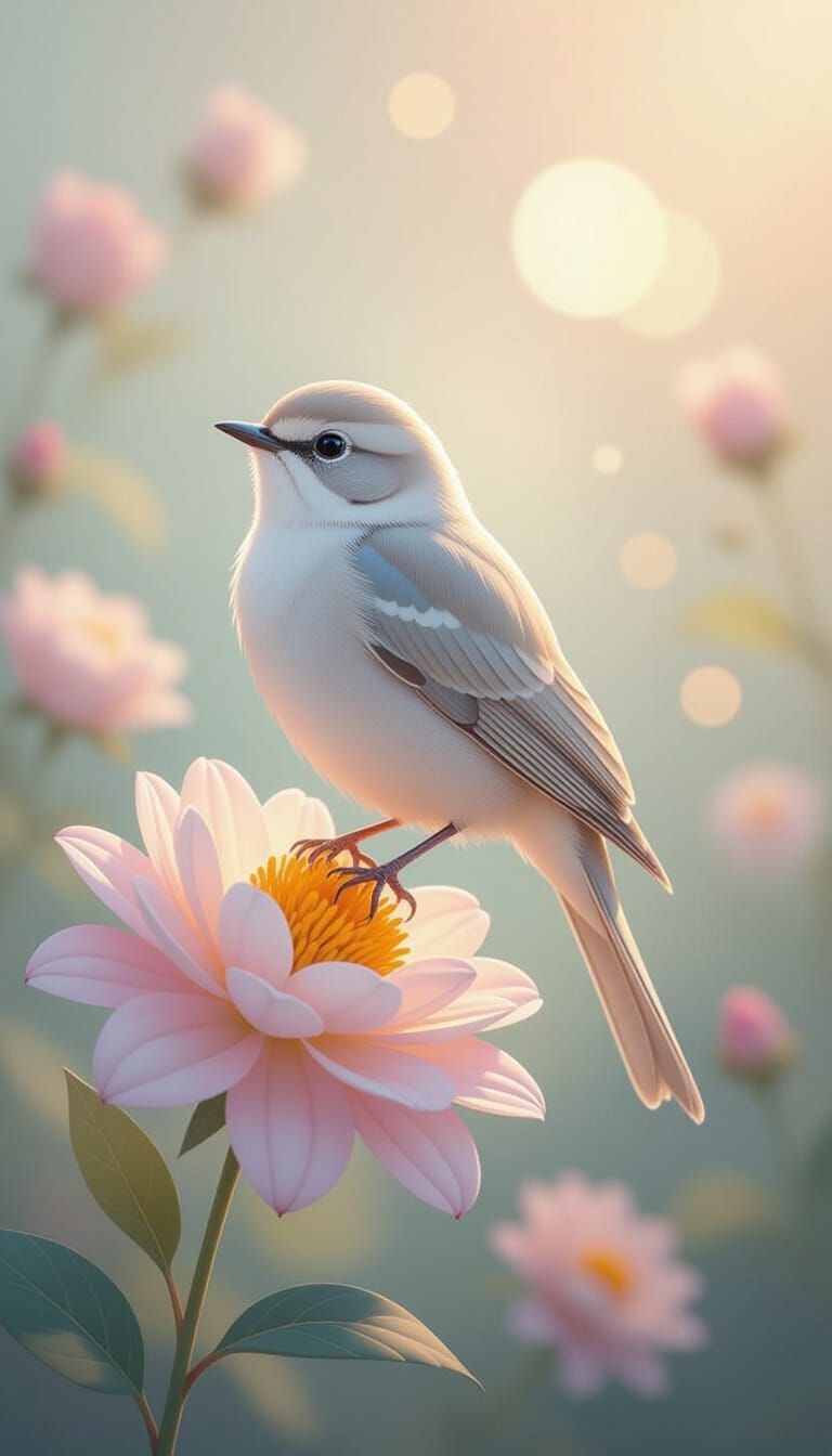 Translucent Bird on Blooming Flower in Ethereal Light