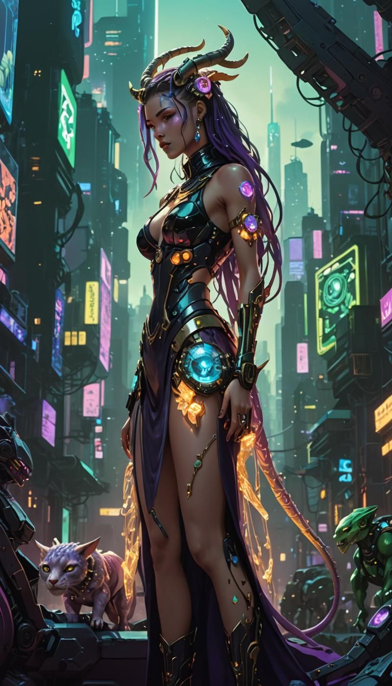 Cyberpunk Chimera Girl in Neon Cityscape