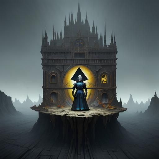 Surreal encounter with an evil dwarf elf who levitates on a deserted street surrealism Salvador Dali matte background me...