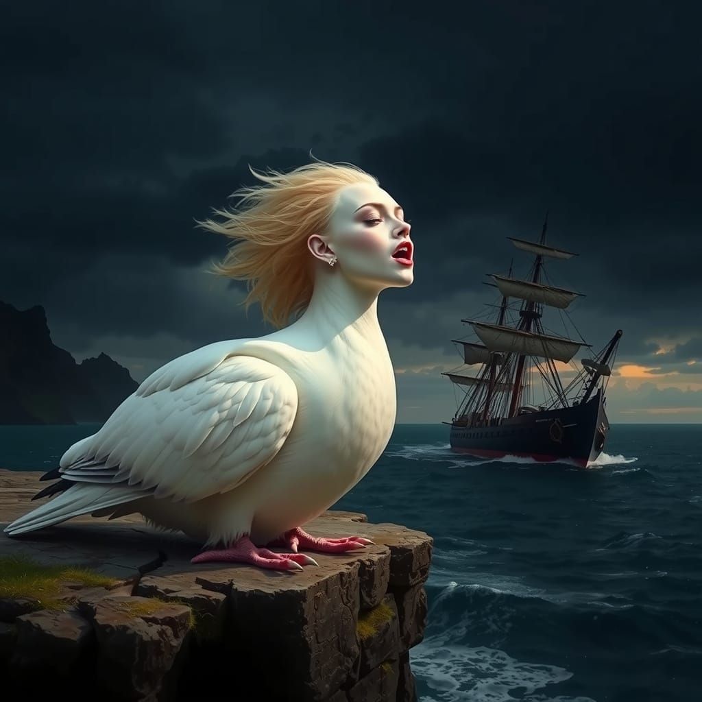 Hyperrealistic Siren Singing on a Cliff