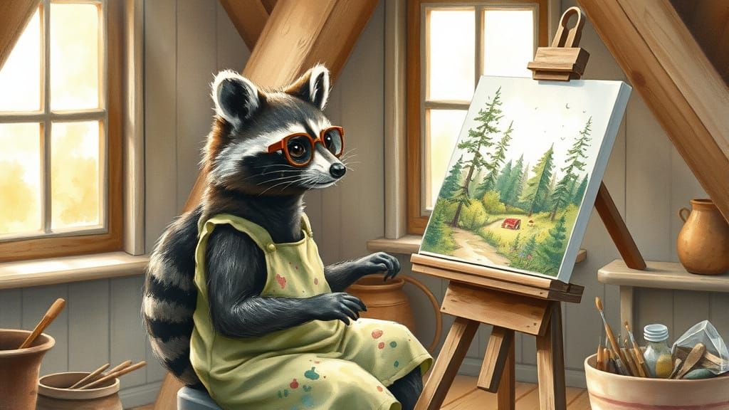 Raccoon Artist Painting Forest, Beatrix Potter Style