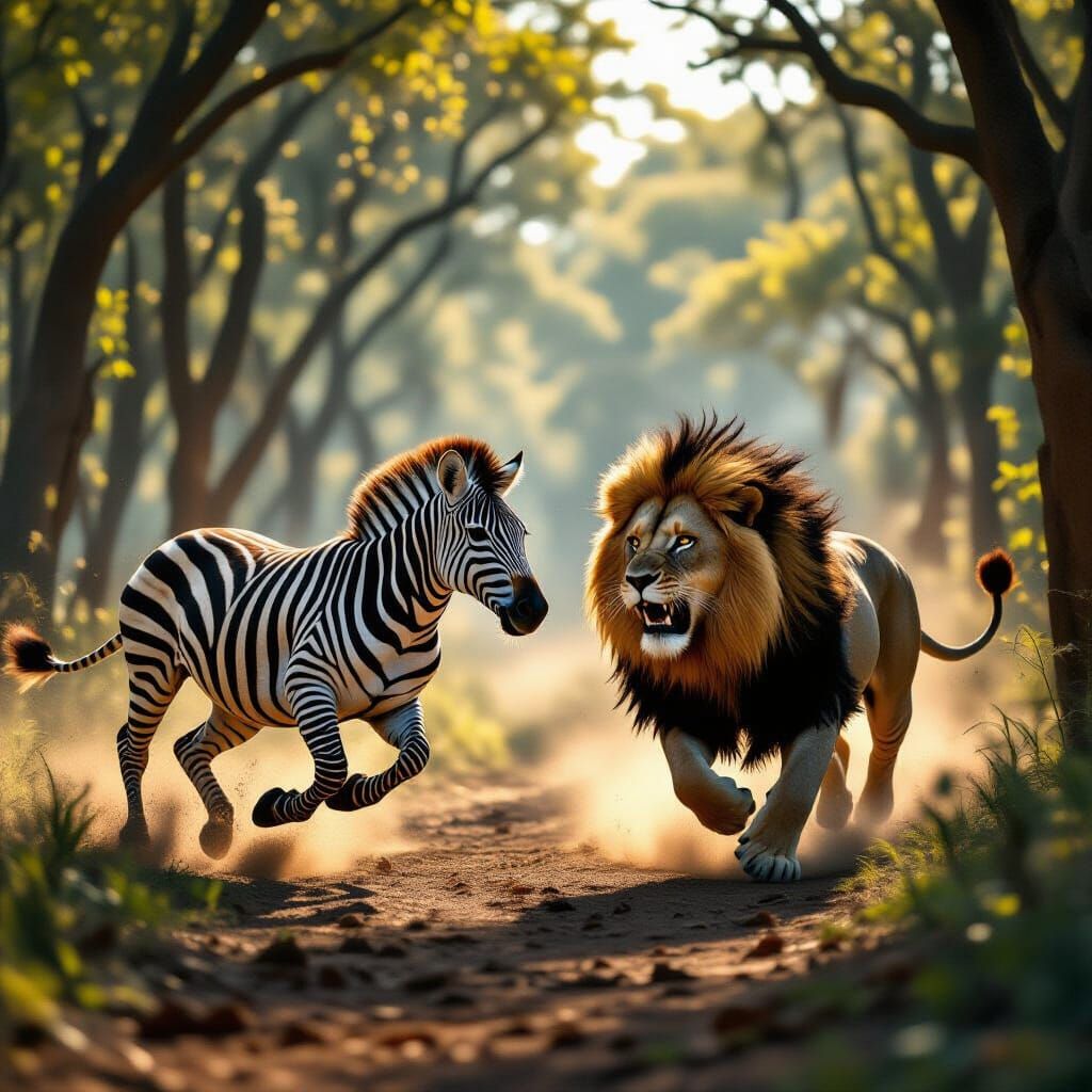 Zebra Chases Lion in Forest, Cinematic Lighting